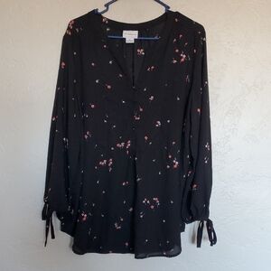 LIZ CLAIBORNE Sheer Black LONG SLEEVE Blouse with Pink Flowers Tie Cuffs XL